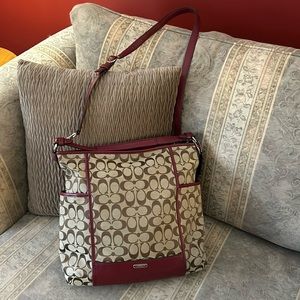 Coach Signature Satchel Bag - Tan and Burgundy